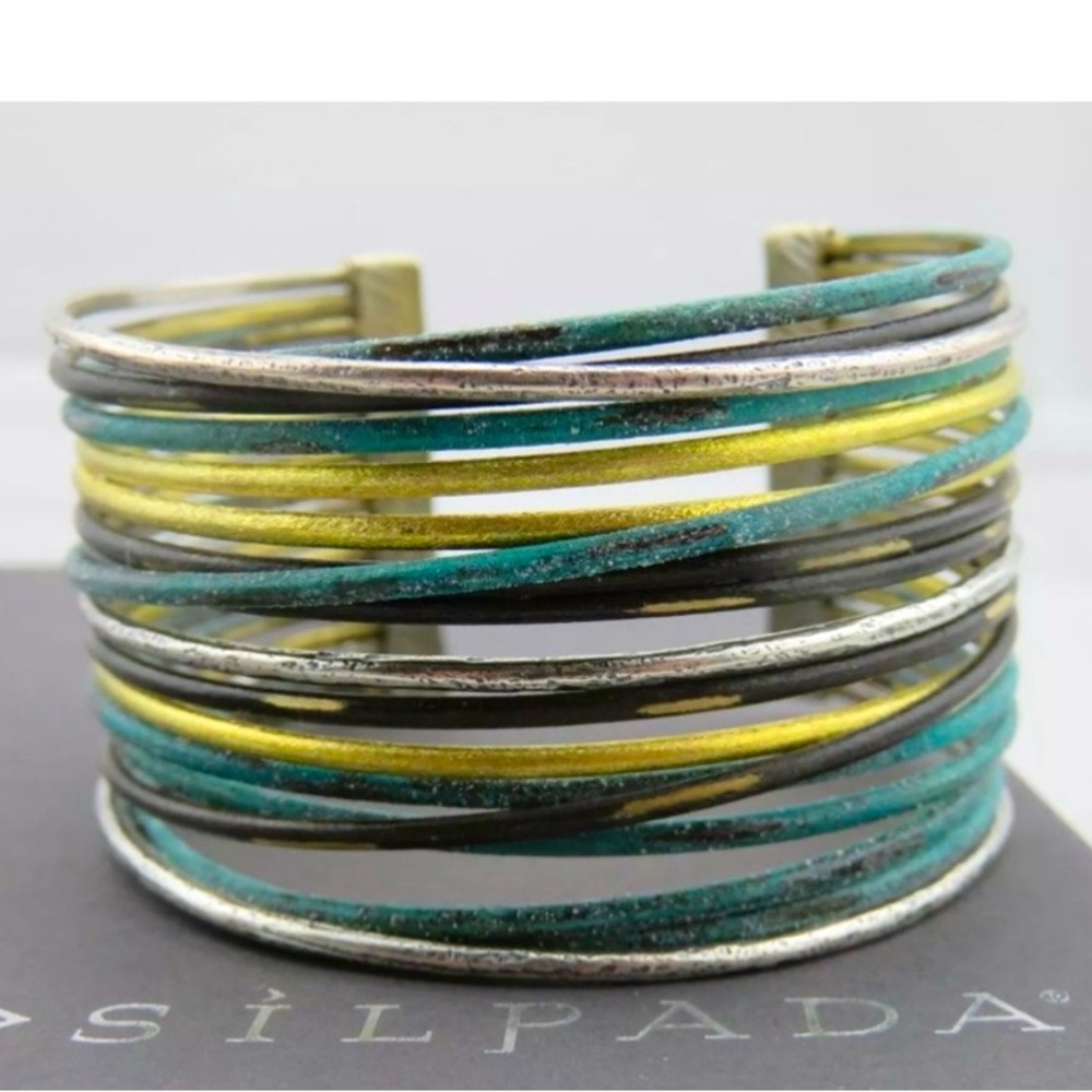 Silpada Vintage Sterling Silver Turquoise & G Cuff Bracelet with Textured Bands